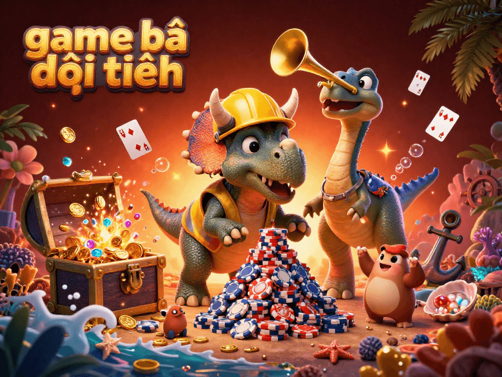 Engaging game bài đổi thưởng scene with cartoon dinosaurs and vibrant casino elements.