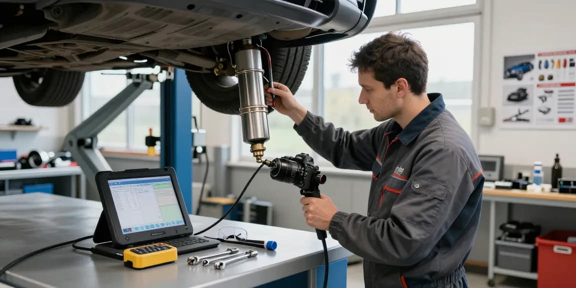 DPF Reinigung Hannover Service in einer professionellen Kfz-Werkstatt mit Techniker und Werkzeugen.