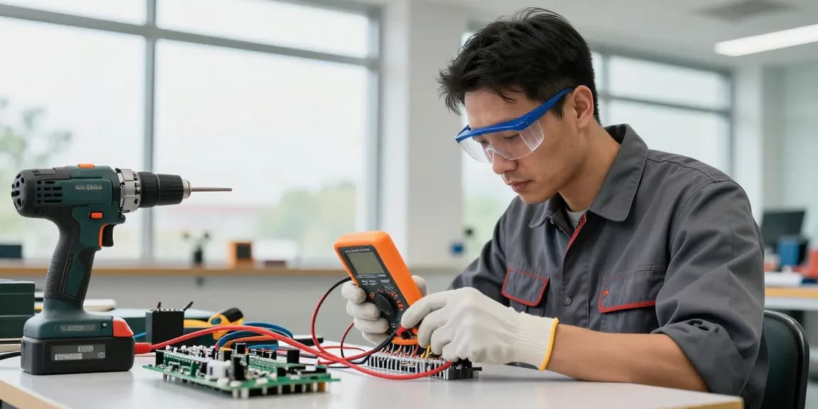 Elektriker in der Nähe überprüft elektrische Verkabelung in modernem Arbeitsbereich.