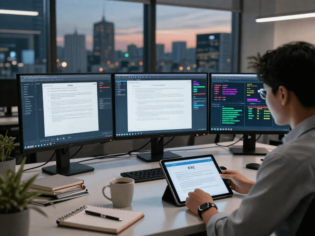 Professional analyzing document fraud detection software at a modern office desk with KYC guidelines.