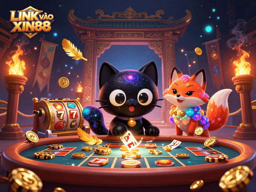 Experience gaming excitement with LINK VÀO XIN88 in a vibrant cosmic casino scene featuring animated characters and dynamic gaming elements.