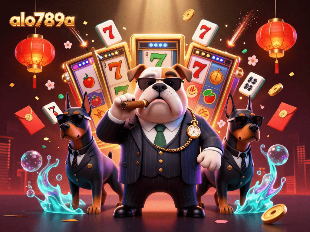Capture the excitement of alo789a with a vibrant 3D scene showcasing a cartoon mafia bulldog boss and Doberman guards dynamically surrounded by slot game elements.