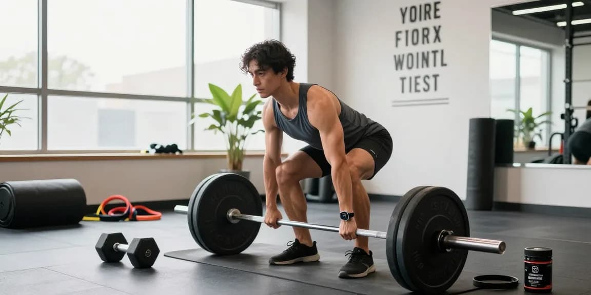 Prime Pharma Steroids-Nutzer hebt Gewichte in einem hellen Fitnessstudio.
