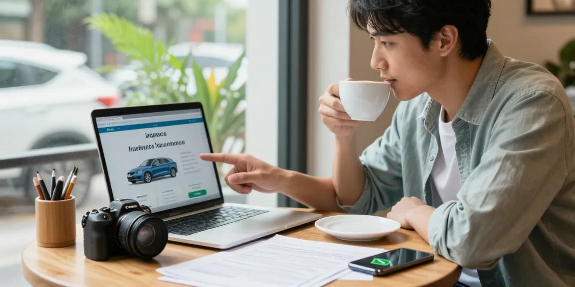 Kfz Versicherung Dortmund: Junge Fahrerin vergleicht Kfz-Versicherungen in einem Café mit Laptop und WhatsApp-Benachrichtigungen.