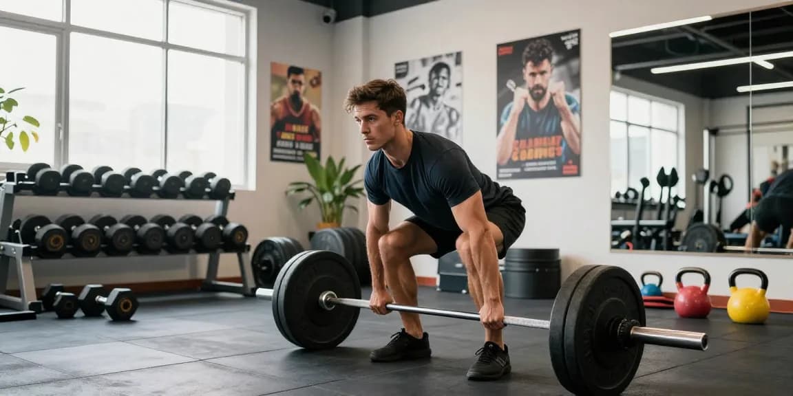 Selliza Shop: Sportlicher Mann beim Deadlift-Training im modernen Fitnessstudio mit motivierenden Elementen.