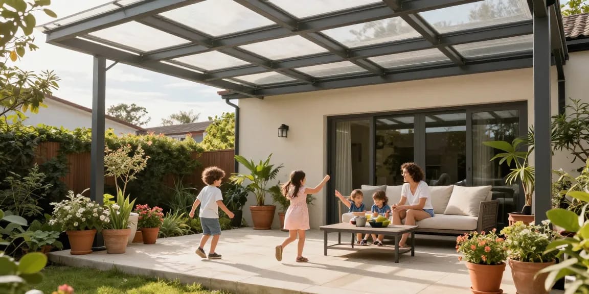 Moderne Terrassenüberdachung mit Familie, die einen sonnigen Nachmittag genießt.