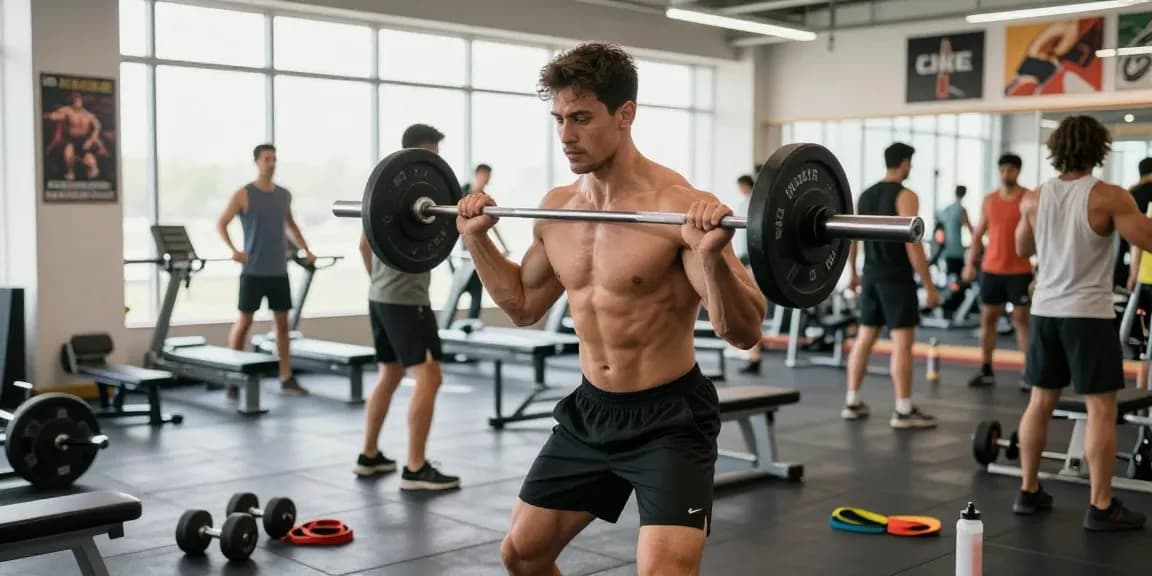 Lebendige Szene im Anabolika Shop Deutschland Fitnessstudio mit Sportlern, die Gewichte heben und für Wachstum trainieren.