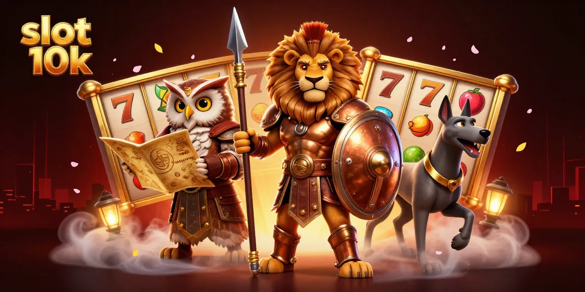 Spin the slot 10k with a Spartan lion and strategic owl amidst vibrant casino elements