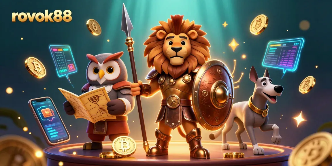 Engage with ROKOK88's vibrant casino environment featuring a Spartan lion and crypto coins.
