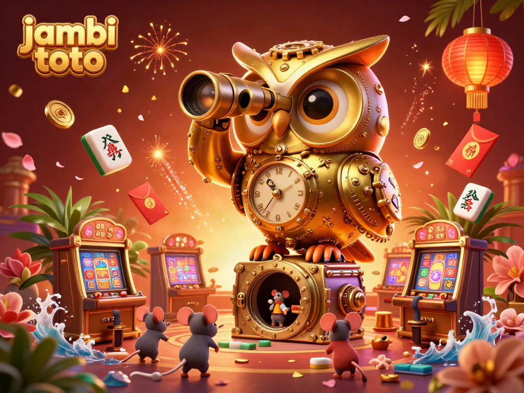 Experience jambi toto excitement as a golden owl observes a bustling casino with lively game elements.