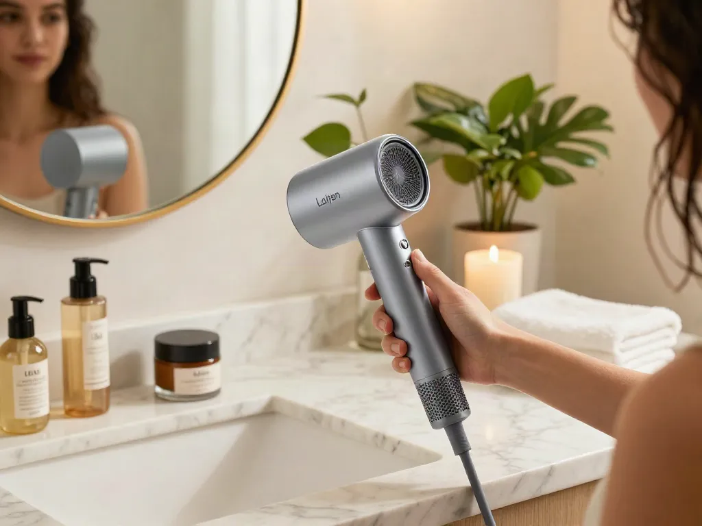 Laifen Air Pro Haartrockner auf Marmorarbeitsplatte neben Pflegeprodukten in stilvollem Badezimmer.