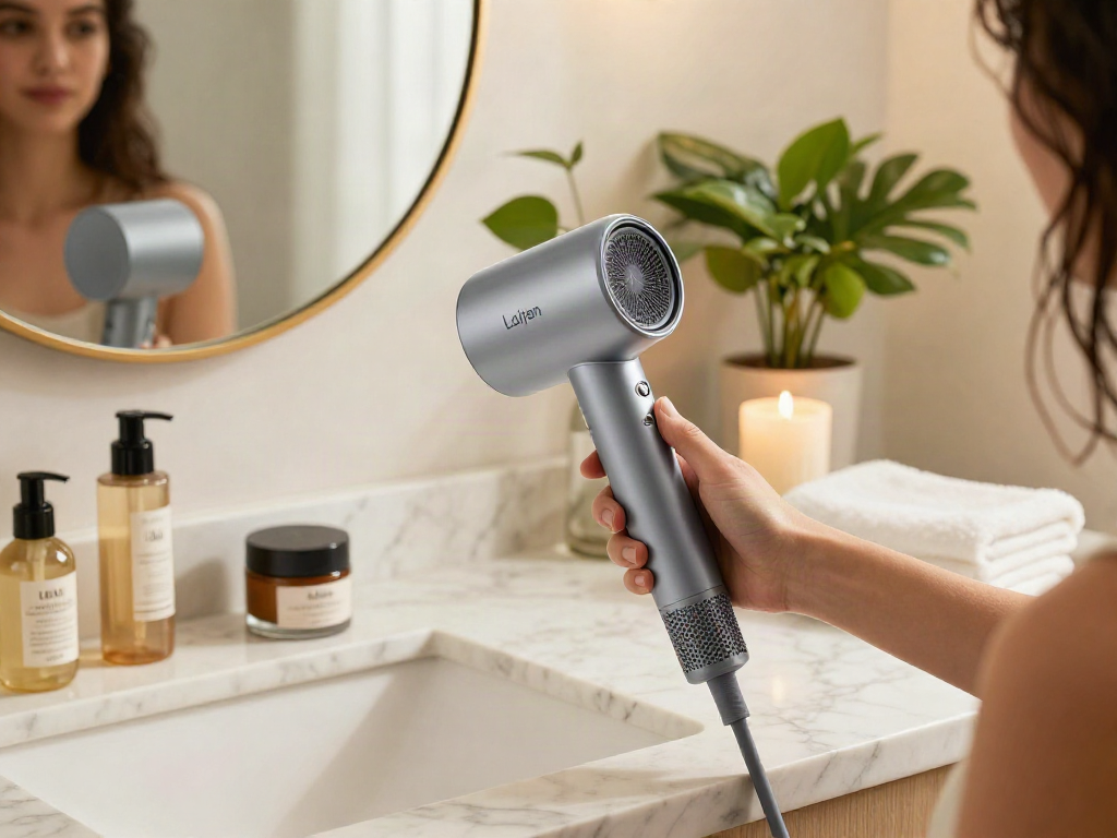 Laifen Air Pro Haartrockner auf Marmorarbeitsplatte neben Pflegeprodukten in stilvollem Badezimmer.