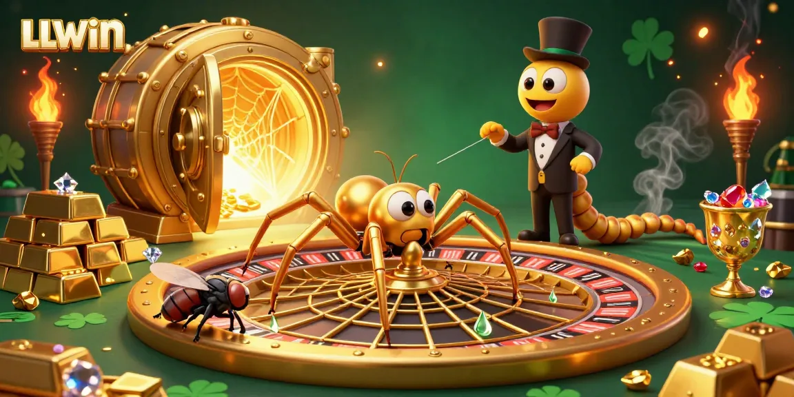 Experience thrilling bets at LLWIN with a dynamic illustration of a golden spider and croupier in a vibrant casino scene.