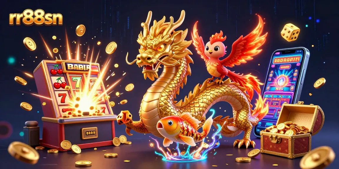 Experience the thrill of rr88sn with a dynamic casino scene featuring a gold dragon, phoenix, and coins.