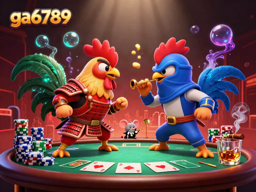 Experience the thrill of ga6789 with dynamic roosters battling, poker chips, and vibrant casino ambiance.