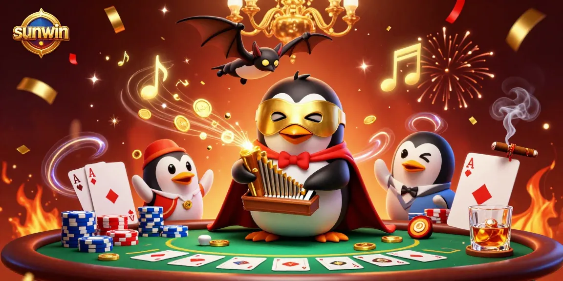 Experience thrilling gameplay at sunwin with a lively scene of a penguin organist and acrobatic bat.