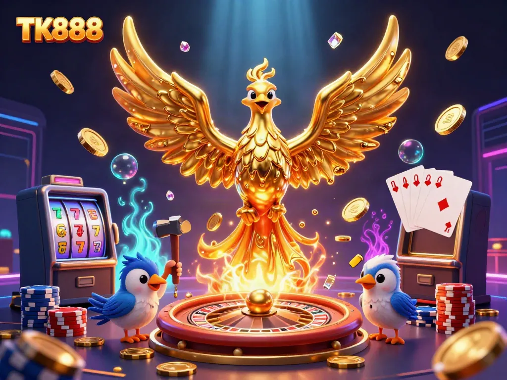 Experience the thrilling scene at TK888 Casino featuring a golden phoenix amid dazzling gaming elements.