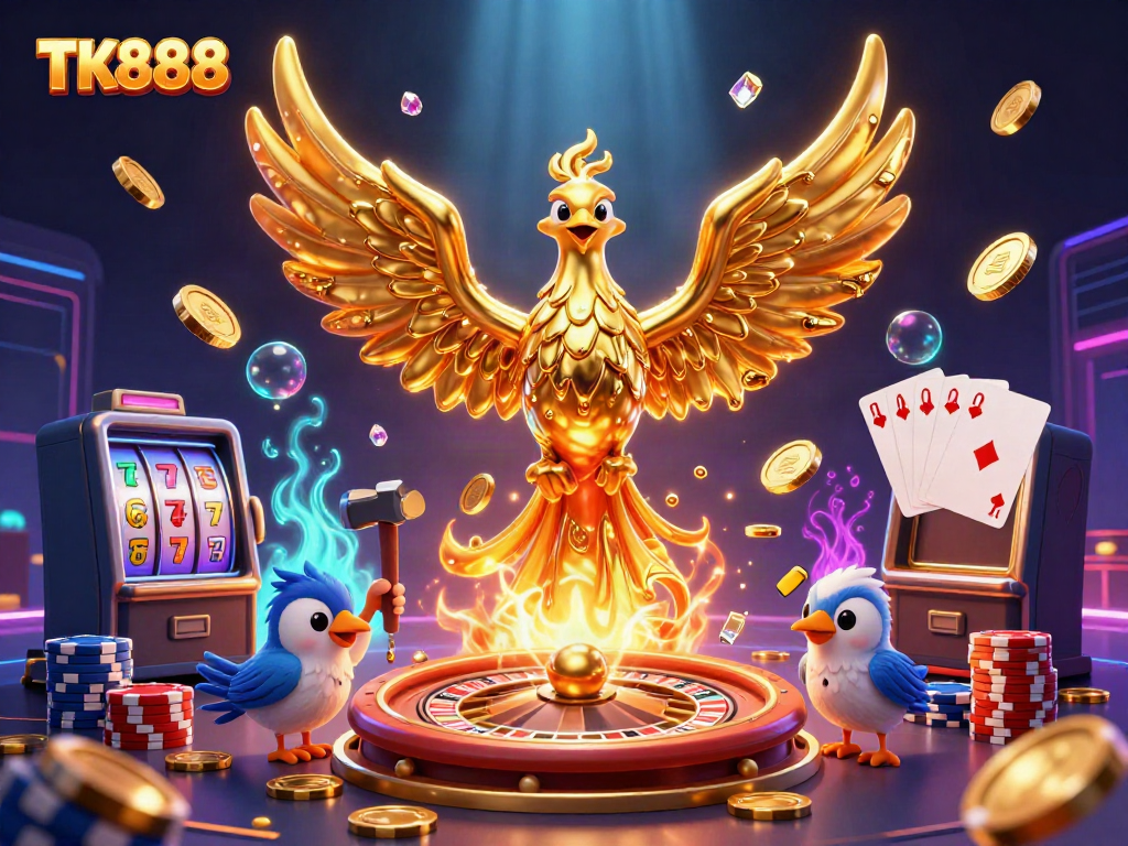 Experience the thrilling scene at TK888 Casino featuring a golden phoenix amid dazzling gaming elements.
