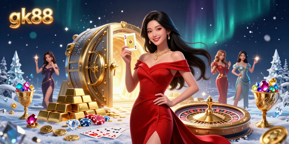 Experience gk88 excitement with a stunning casino scene featuring a beautiful young woman at a roulette wheel.