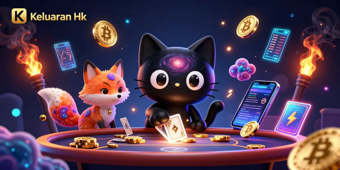 Keluaran Hk displays vibrant cosmic casino scene with a black hole cat attracting golden chips and cards.