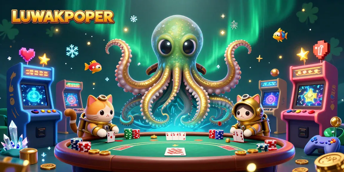 Experience thrilling poker action with LUWAKPOKER in an ultra-detailed 3D illustration of a kraken, diving cat and game elements.