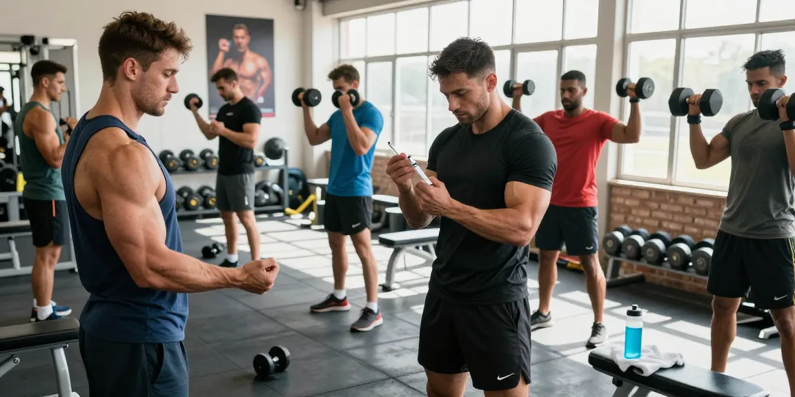 Anabolika Shop: Bodybuilder demonstrieren professionelle Spritztechniken im Fitnessstudio.