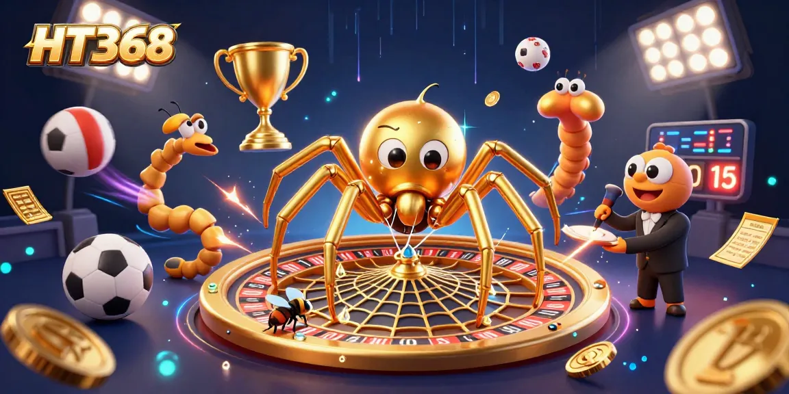 HT368 offers thrilling betting experiences with a golden spider and croupier in a dynamic casino scene.
