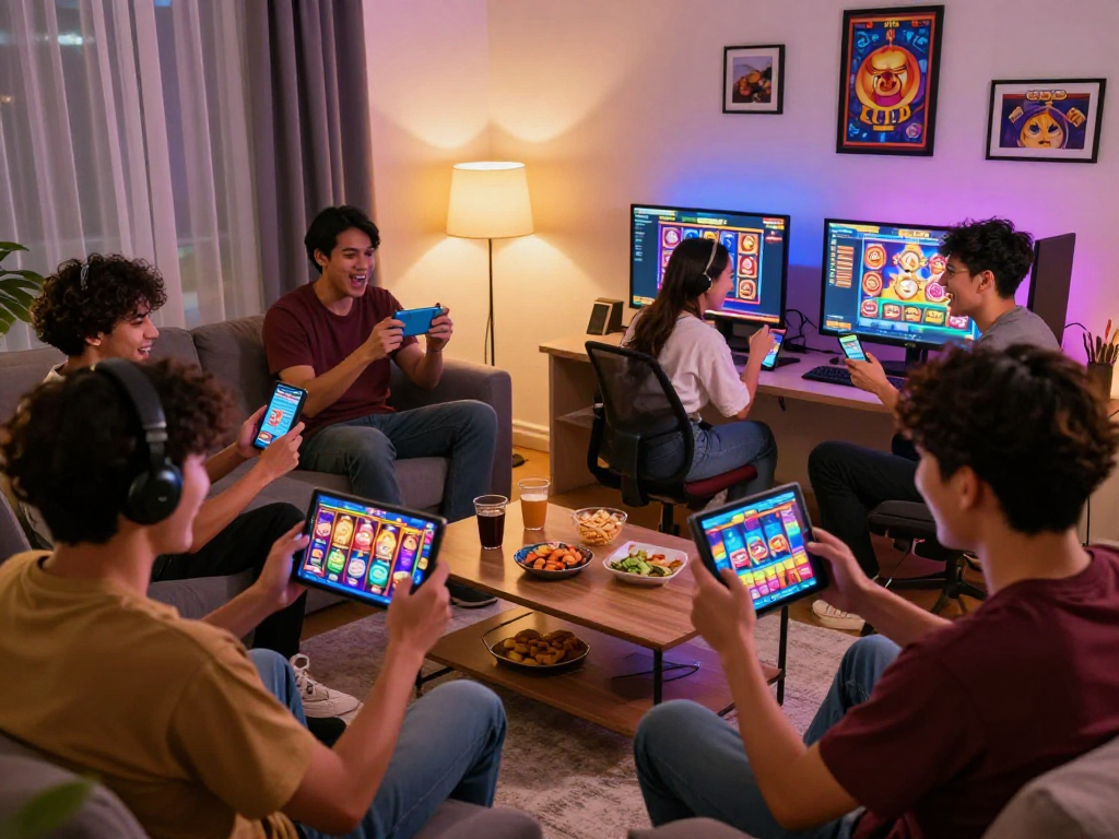 Excited friends enjoying gacor slot games on mobile devices in a cozy living room.
