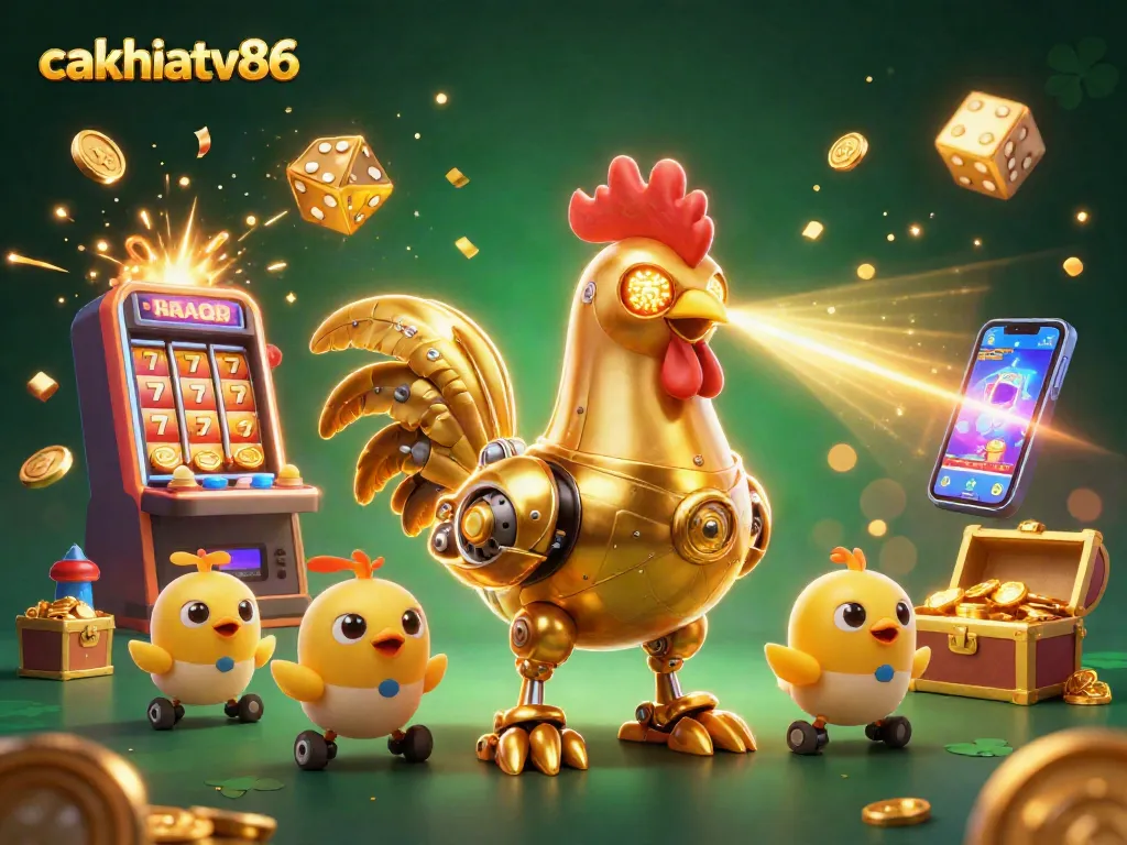 Cakhiatv86 showcases a striking 3D illustration of a futuristic rooster robot amidst a lively casino scene, enhancing gambler excitement.