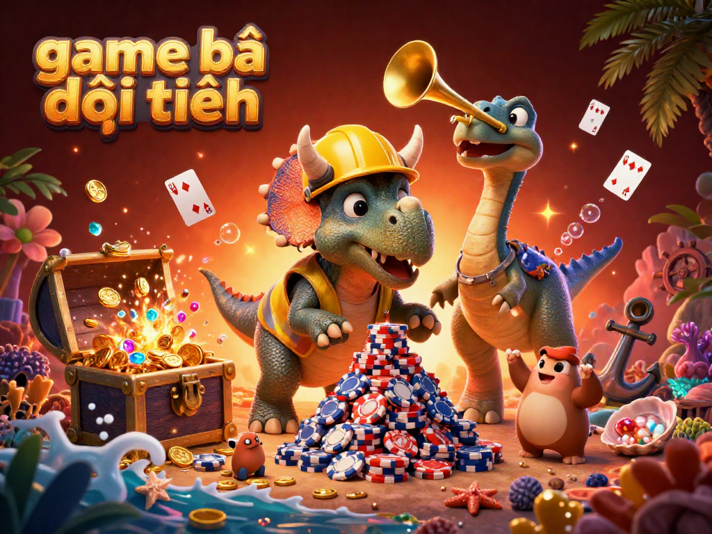 Engaging game bài đổi thưởng scene with cartoon dinosaurs and vibrant casino elements.