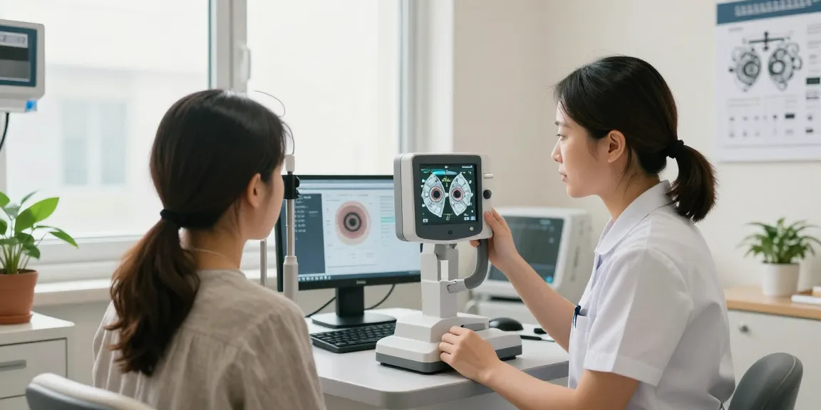 Eye care professional consulting with a patient during an eye examination, showcasing precision in eye care services, page guide guide integrated into personalized vision assessment.