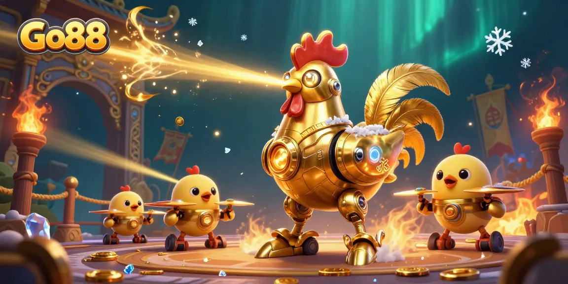 Experience thrilling gameplay with Go88's iconic golden rooster robot and dynamic baby chick drones.