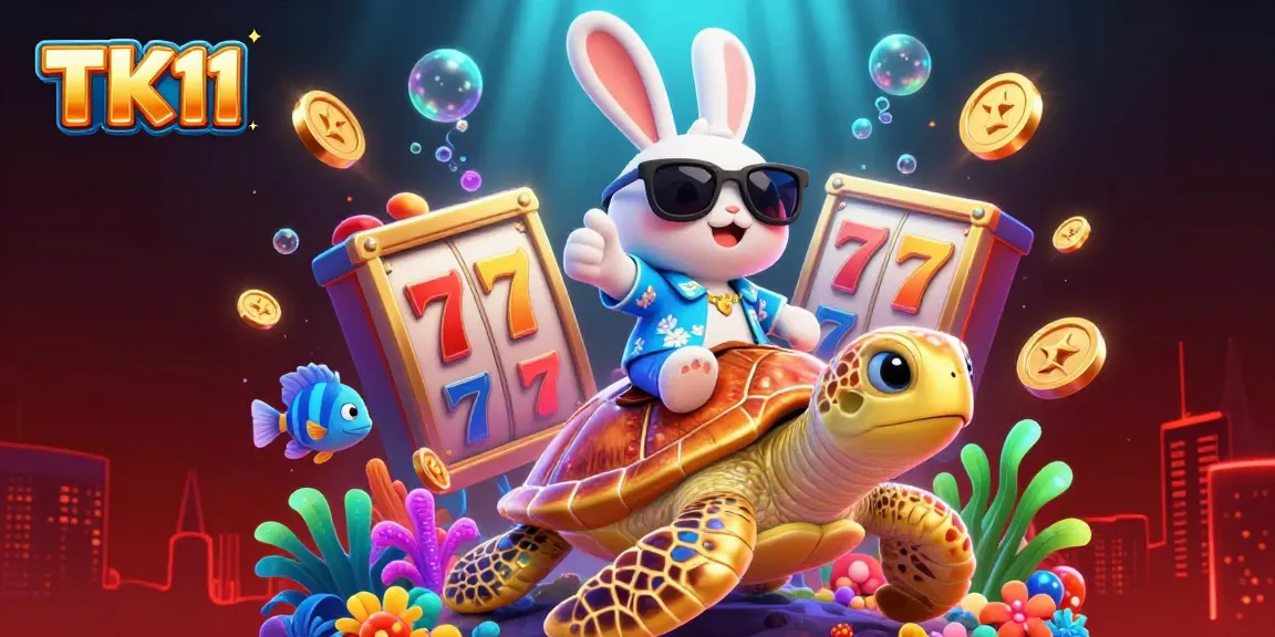 Spin the reels with TK11's exciting casino games in a vibrant underwater adventure illustration.