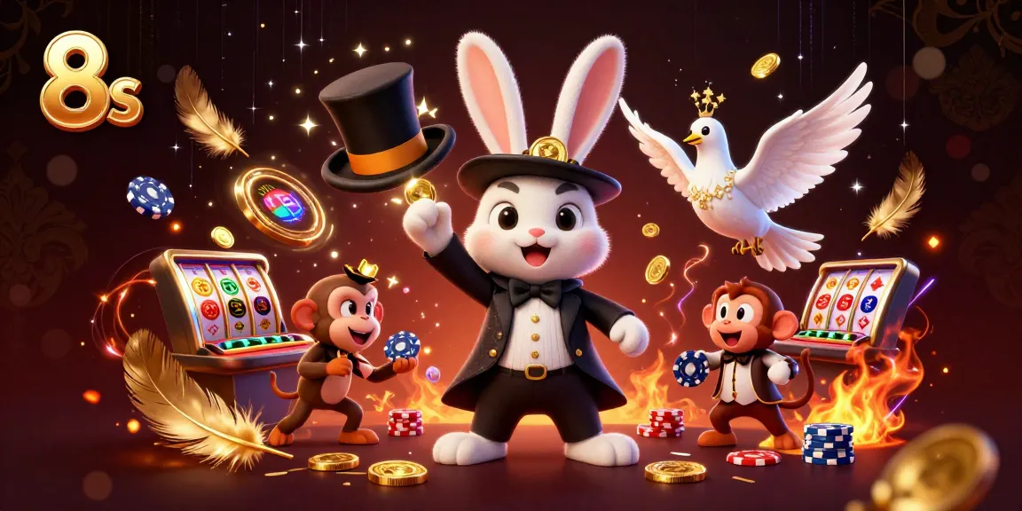 Win big at 8s with a playful scene of a magician rabbit, a dove, and a monkey in a casino setting.