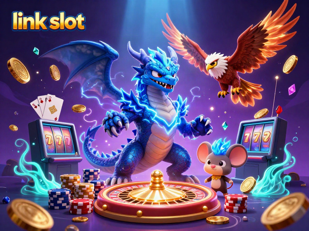 Experience excitement with link slot, featuring a thunder dragon and casino symbols in vibrant action.