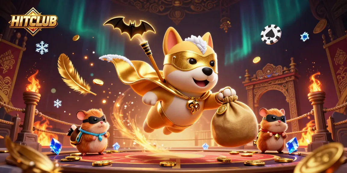 HITCLUB superhero dog flying through a poker-themed scene, showcasing engaging casino action.