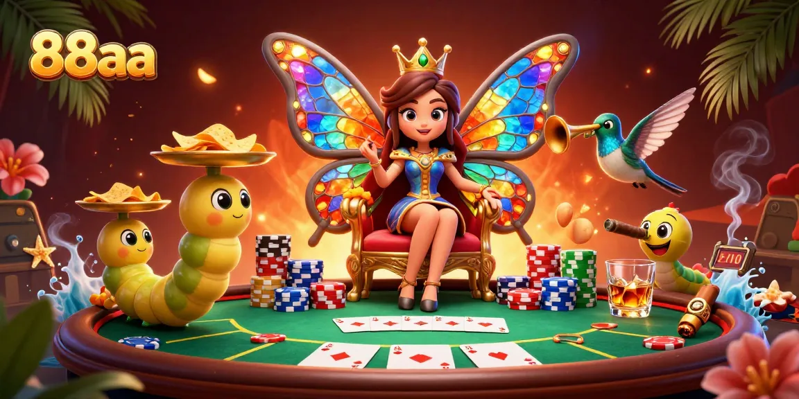 Experience 88aa's vibrant casino scene featuring a butterfly queen amidst poker elements and golden chips.