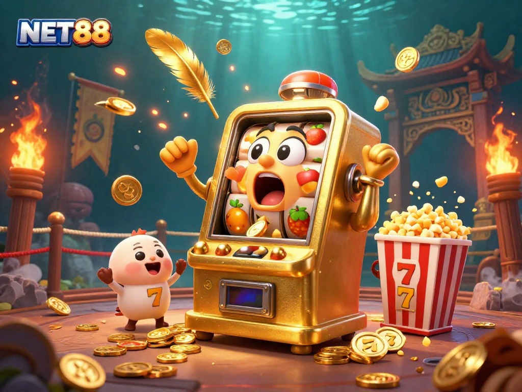 NET88 slot machine hits jackpot while coins pour out, cheerful baby slots, and popping popcorn effects.