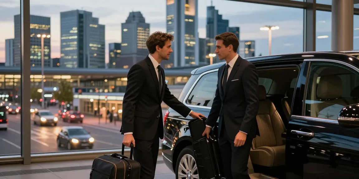 Luxury limousine service Frankfurt with professional chauffeur assisting a traveler at the airport.