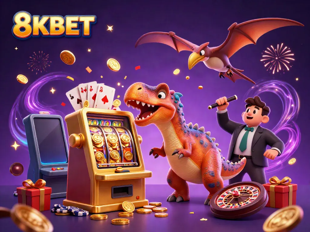 Experience the excitement of 8KBET with a dinosaur-themed casino scene featuring winning jackpots and flying coins.