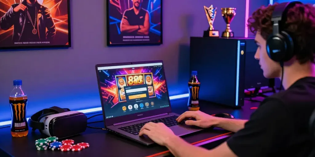 Slot88 login interface on a laptop with vibrant graphics, gaming accessories, and an engaging atmosphere.