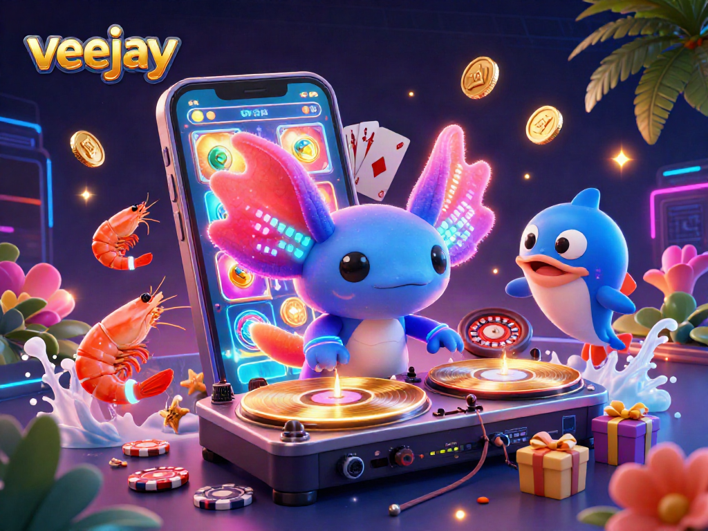 Veejay animiert mit aufregenden Spielautomaten und Casino-Elementen für Spielerlebnis.