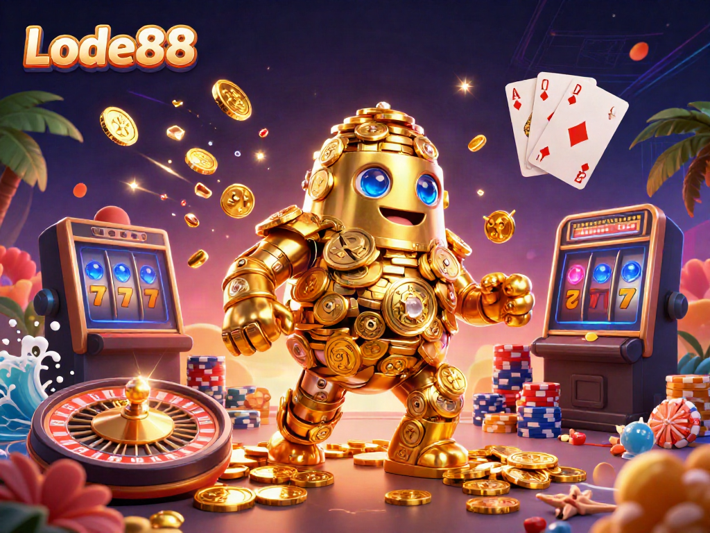 Engage with Lode88's dynamic gaming scene featuring a golden golem amidst cascading coins and vibrant elements.