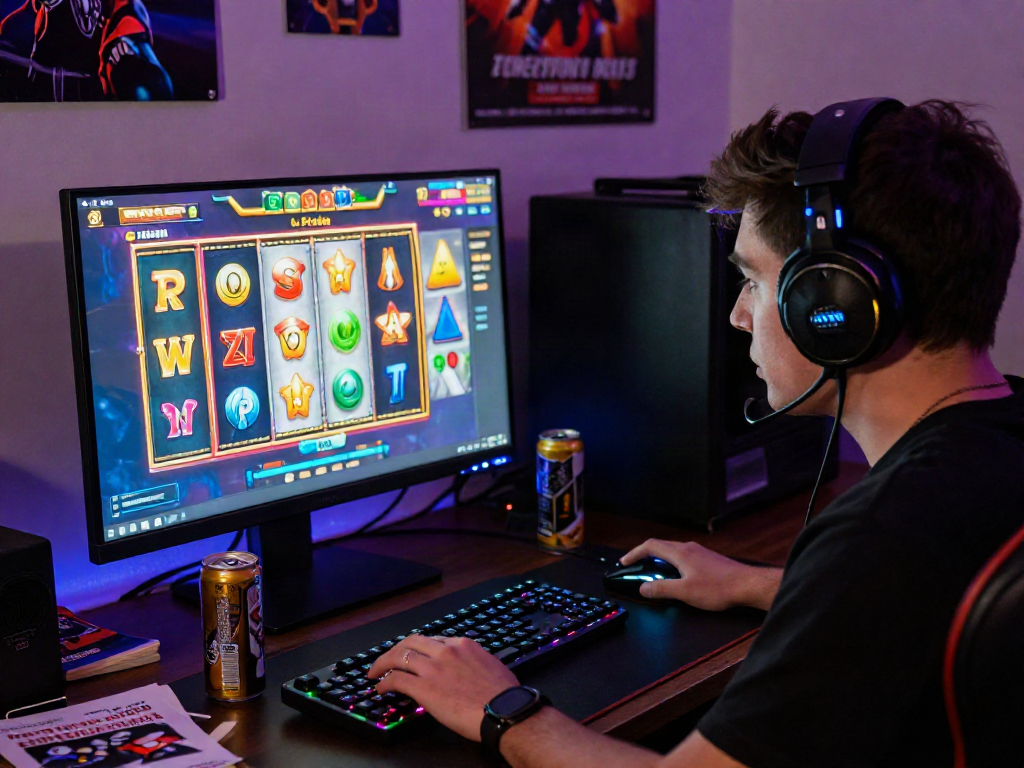 Player immersed in an exciting slot bonus new member 100 game, showcasing vibrant graphics and gaming setup.