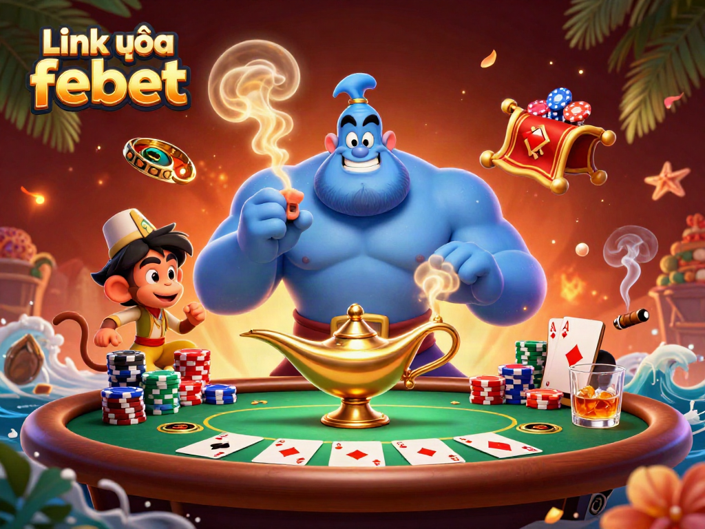 Experience the thrill of gaming at Link vào febet with a vibrant illustration of a genie, poker chips, and winning hands.