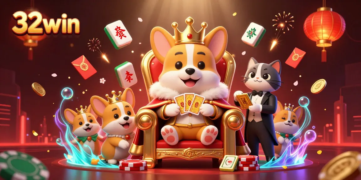 Experience the charm of 32win casino with a royal corgi and its lively entourage in a vibrant casino scene.