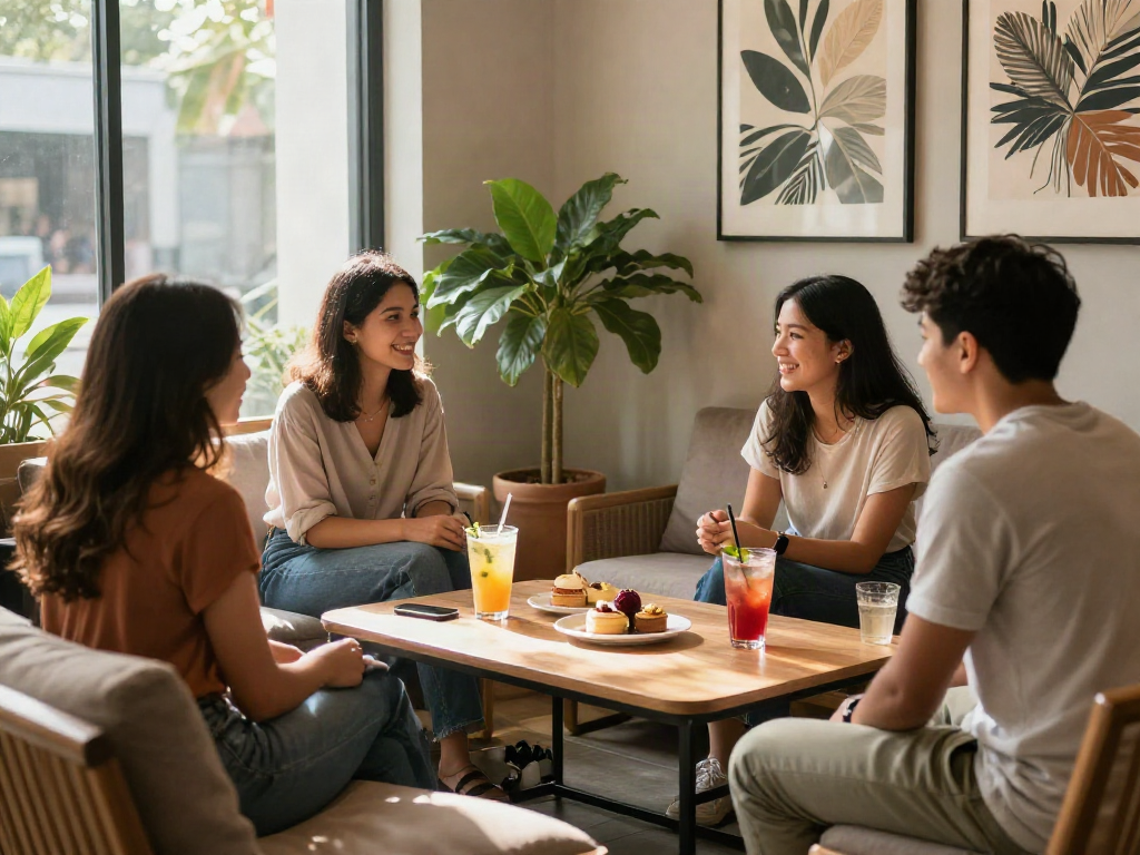 Friends enjoying time at a rokok88 cafe with vibrant drinks and a warm atmosphere.