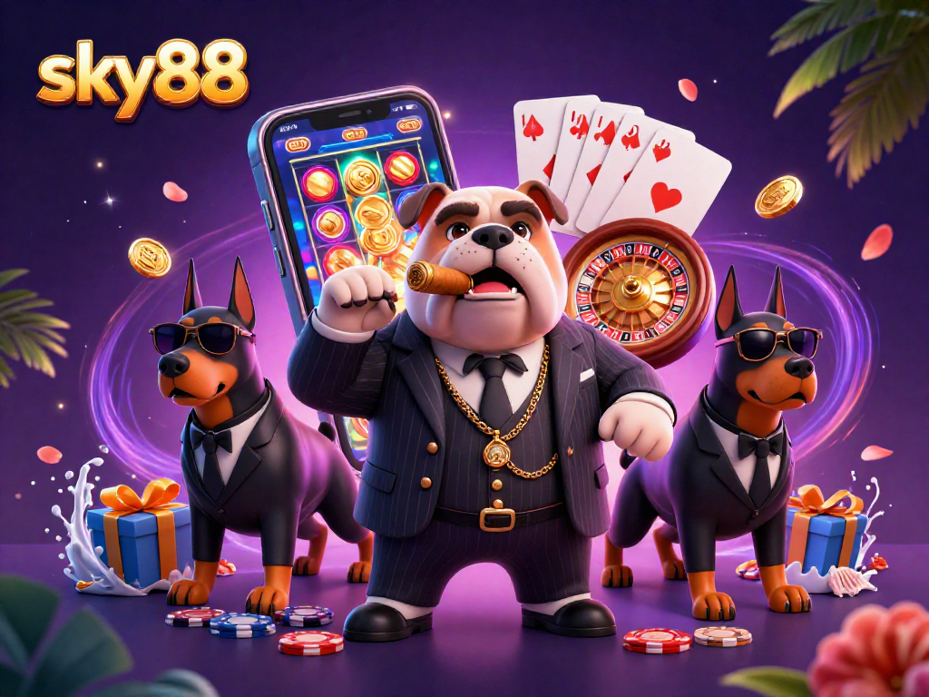 Engage in exciting gaming with sky88 in this action-packed 3D scene featuring a mafia boss and his bodyguards.