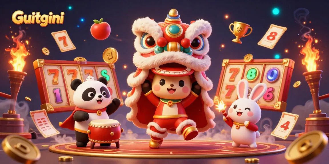 Experience the exciting gameplay of Guitgini with a vibrant lion dance scene in a dynamic casino atmosphere.