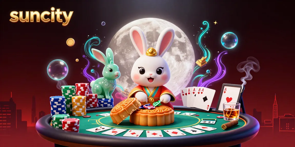 Engage in thrilling gameplay with Suncity's vibrant 3D casino world featuring poker chips and moon rabbits.
